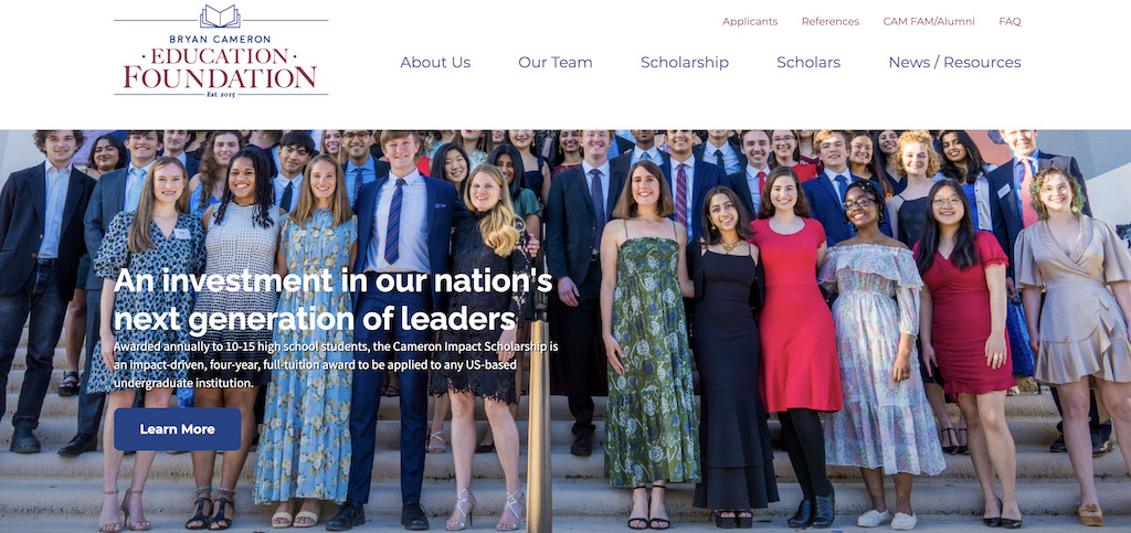 Screenshot of the Cameron Impact Scholarship homepage.